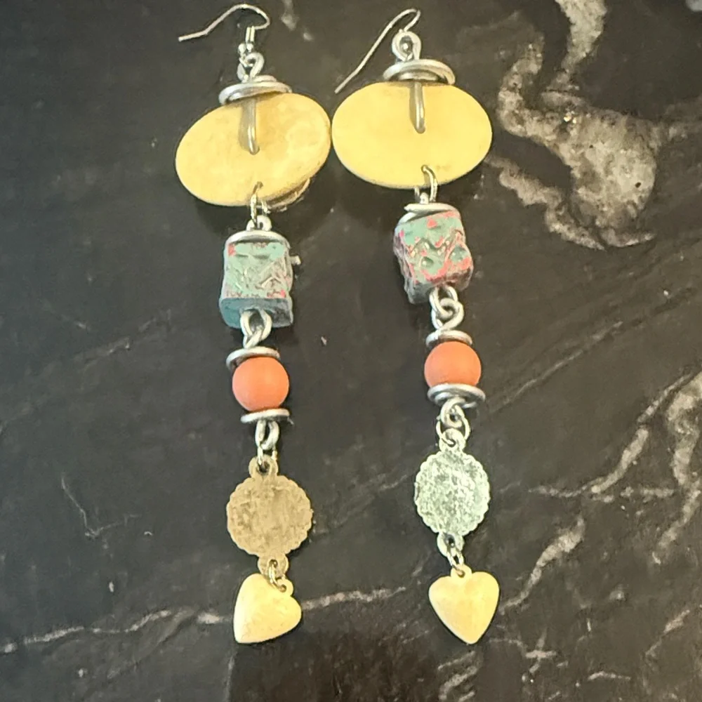 Vintage Bohemian Long Dangle Earrings with Heart Charms - Picture 4 of 5